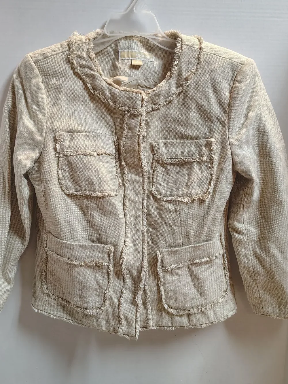 Michael Kors Neutral Fringe-Trim Tweed Short Blazer Linen Blend 3/4 Sleeve Sz 2